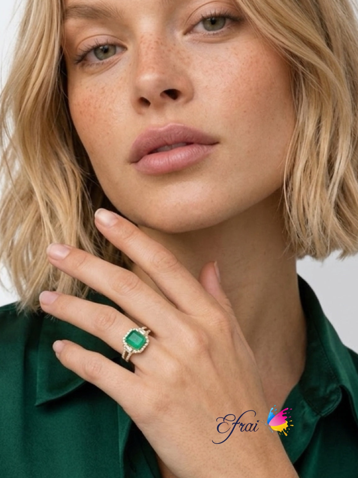 Natural Colombian Emerald Cut Emerald Multistone Halo Ring in Yellow Gold
