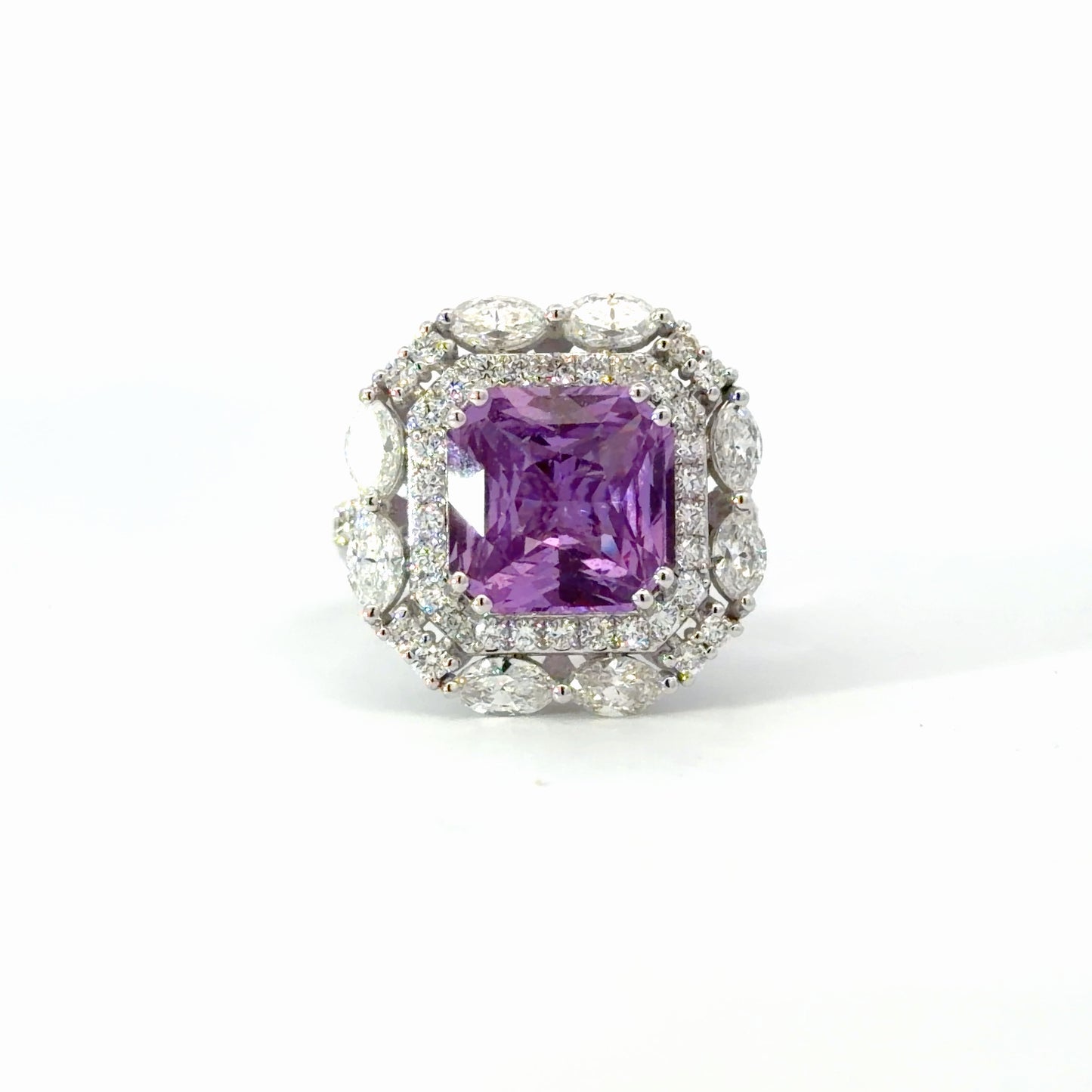 Certified non heated natural purple sapphire Double Halo Cocktail Ring in White Gold
