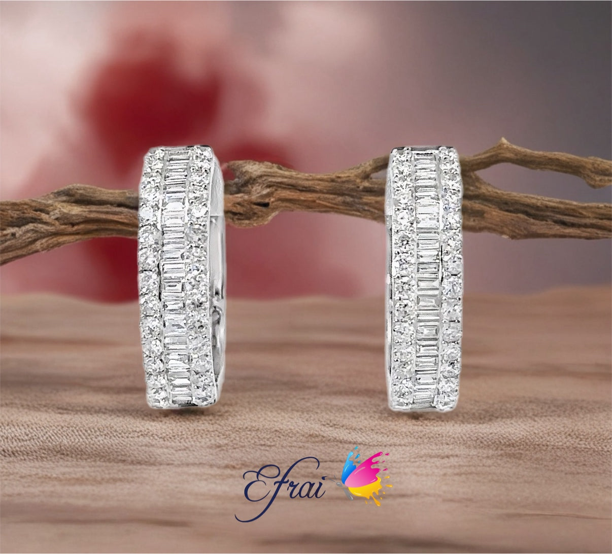 All natural baguette and round diamonds hoops