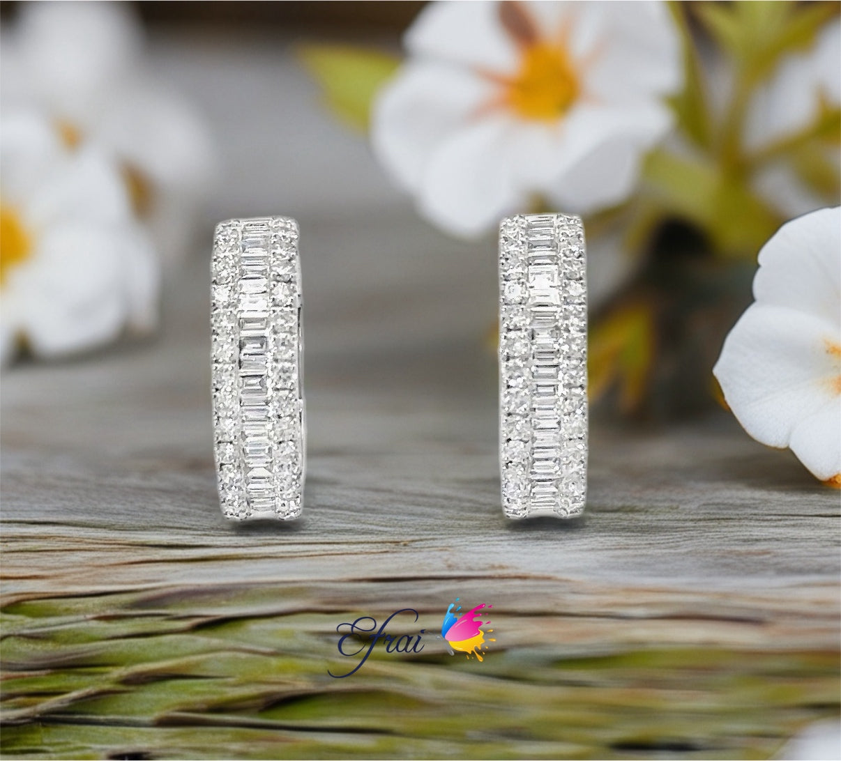 Natural baguette and round diamonds hoops