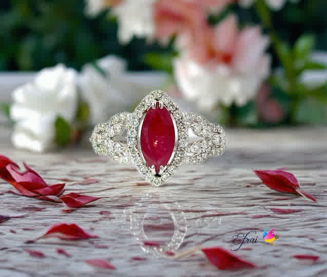 Natural marquise ruby and diamonds ring