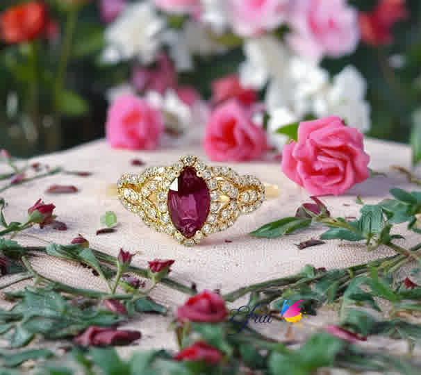 Natural marquise ruby and diamonds ring