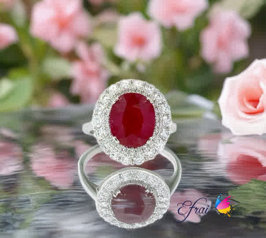 Gorgeous natural oval ruby and double halo diamonds ring