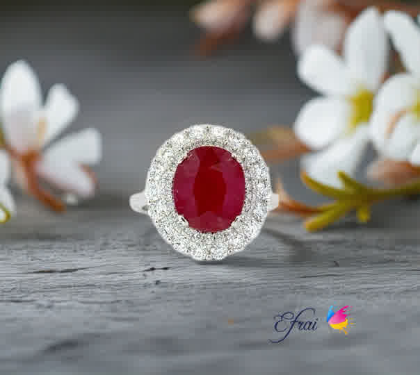 Gorgeous natural oval ruby and double halo diamonds ring