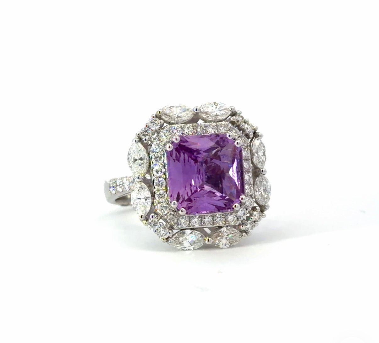 Certified non heated natural purple sapphire Double Halo Cocktail Ring in White Gold