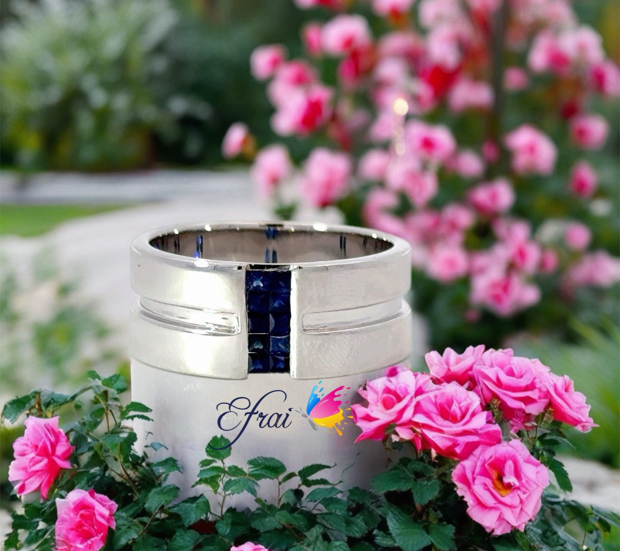 Elegant men's ring with natural blue sapphires