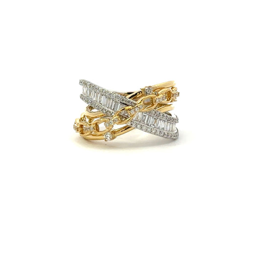 Baguette and round diamonds crossed ring