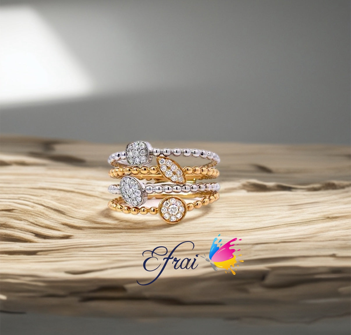 Beaded gold and diamonds shapes top ring