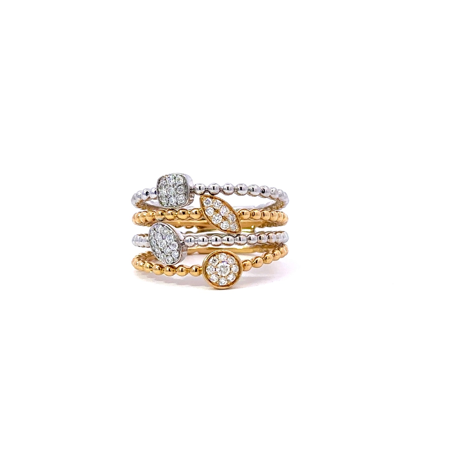 Beaded gold and diamonds shapes top ring