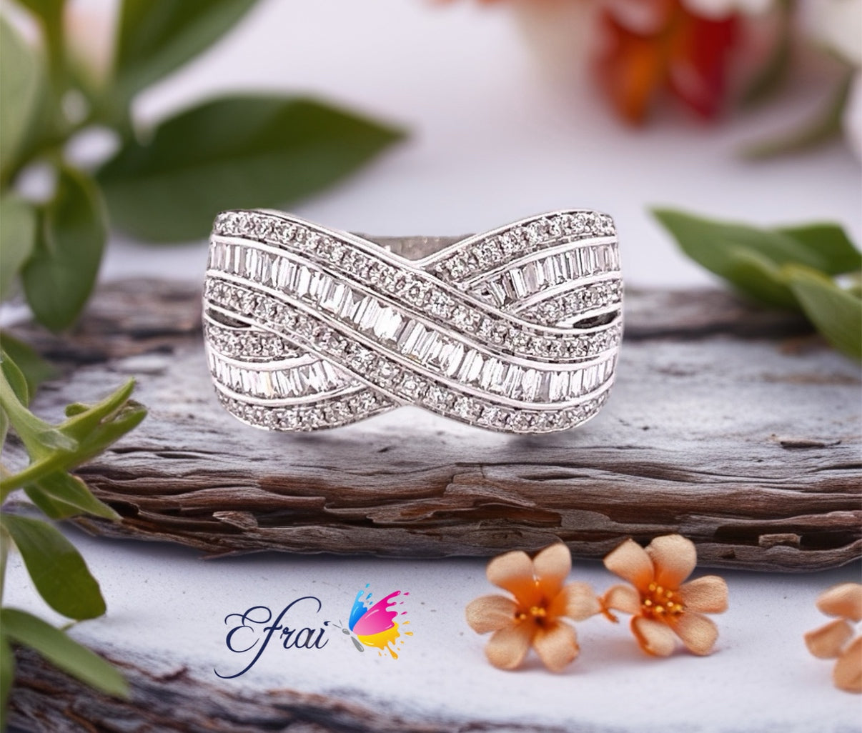 Crossed bagguete and round diamonds band