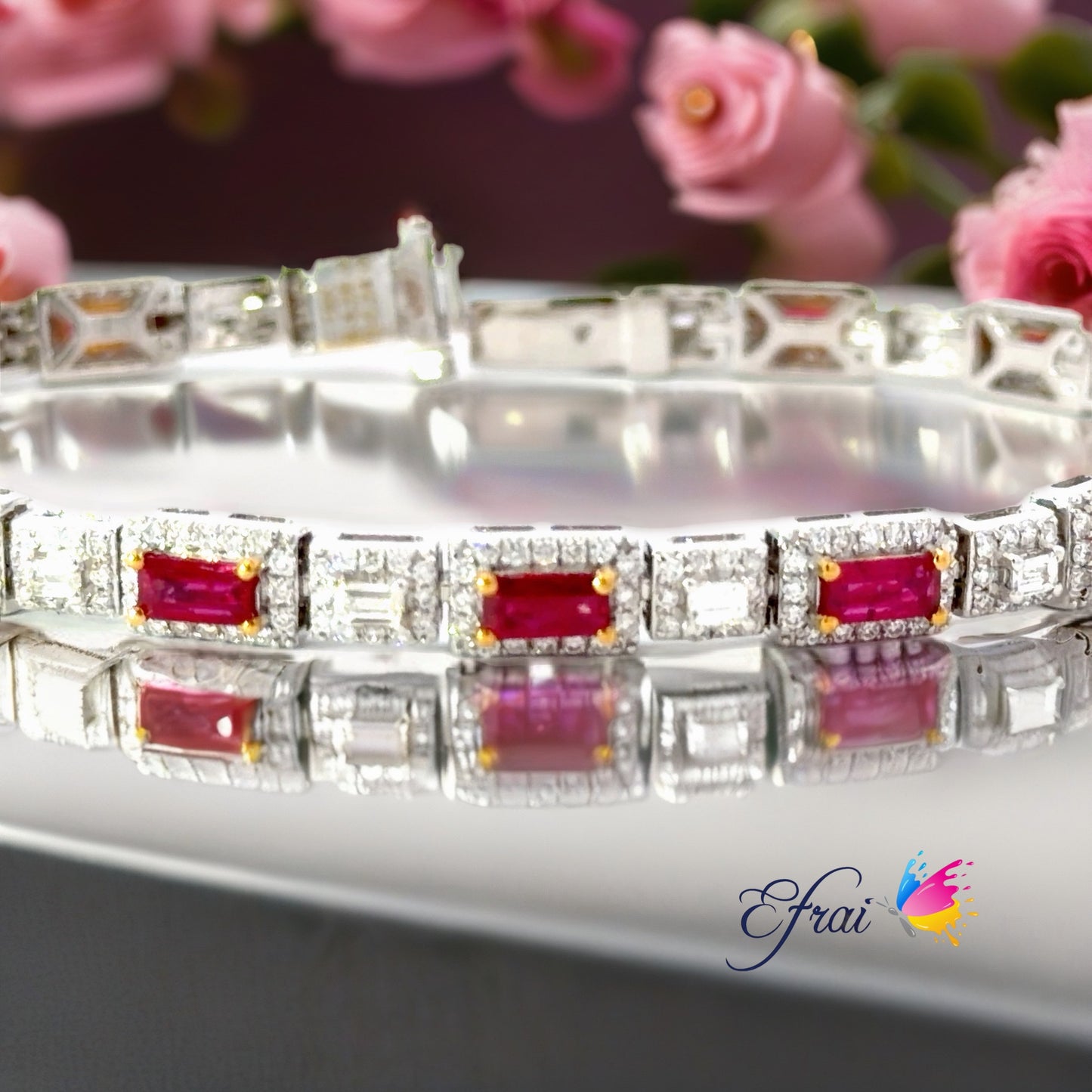 White Gold natural certified no heat Ruby Halo Station Tennis Bracelet