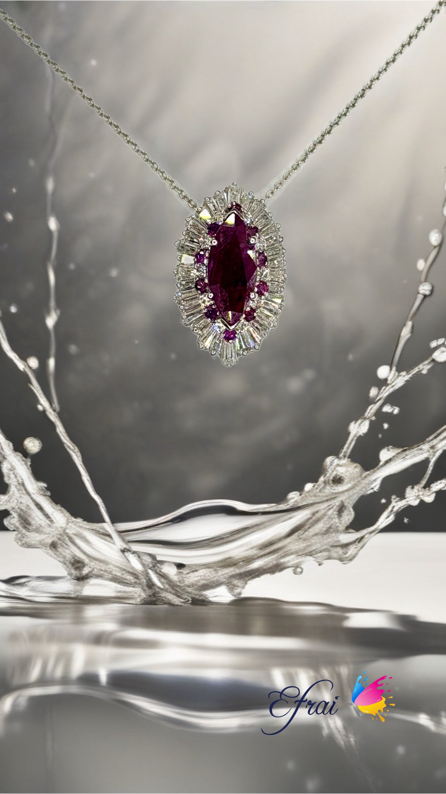 Platinum Natural Marquise  Ruby Halo Pendant Necklace