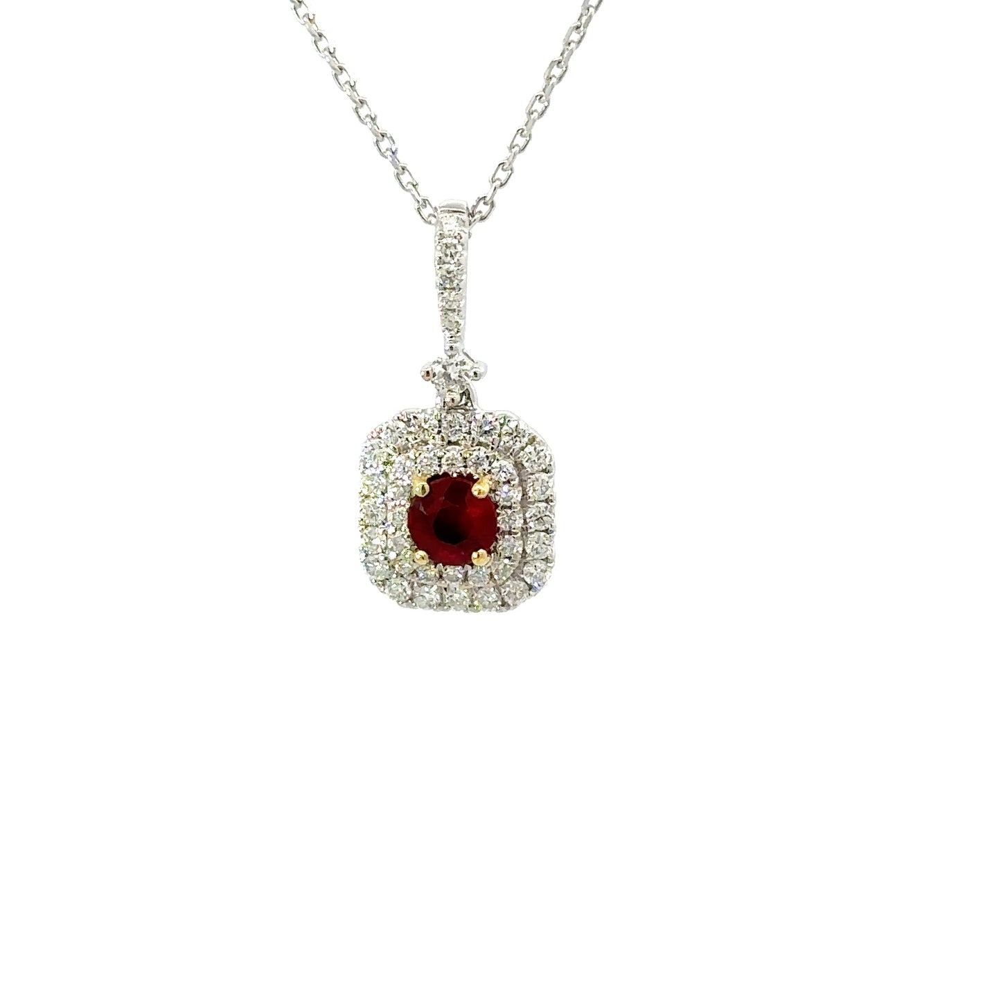 Gorgeous natural ruby and double diamonds halo necklace