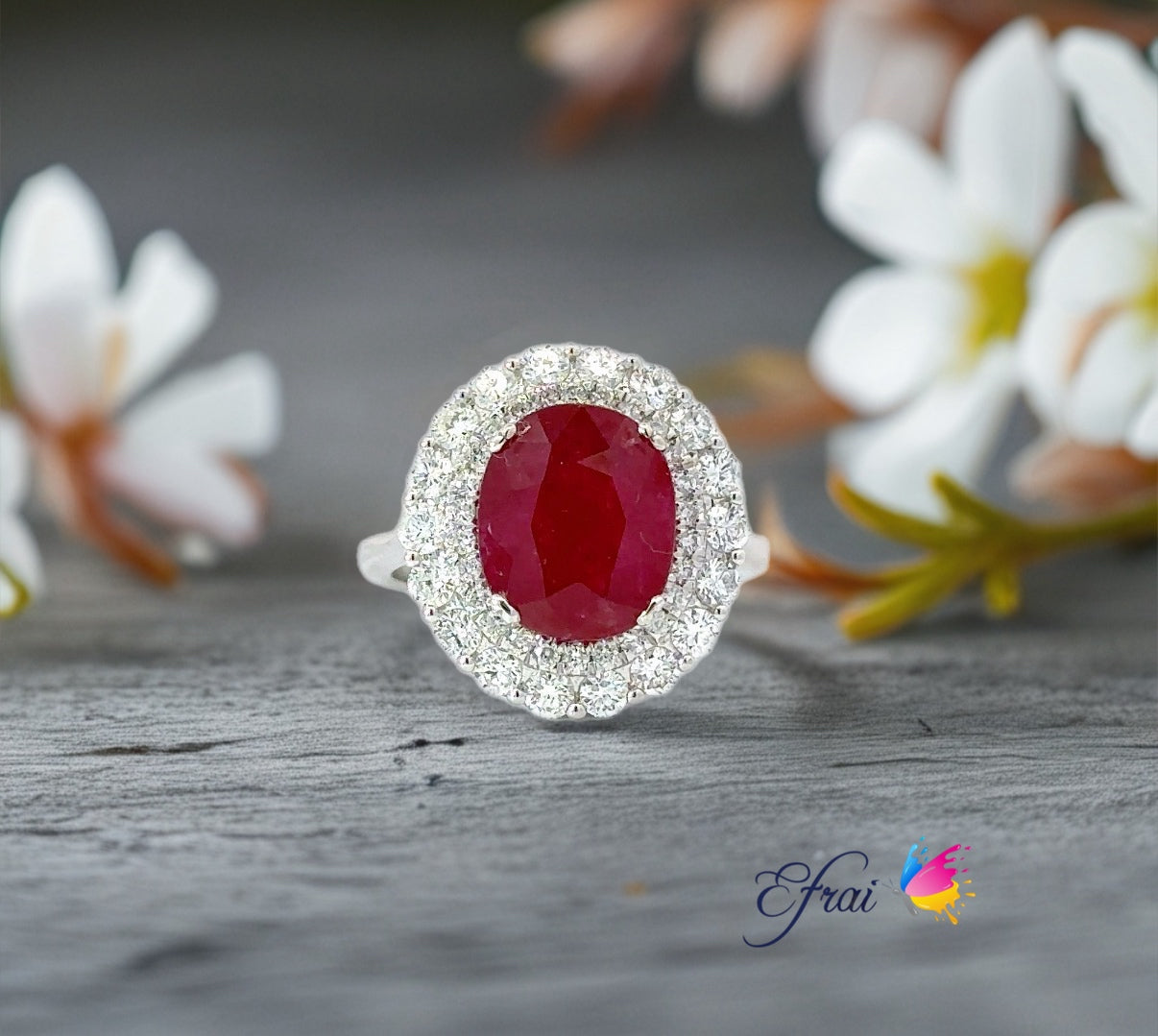 Natural bright red ruby and diamonds ring