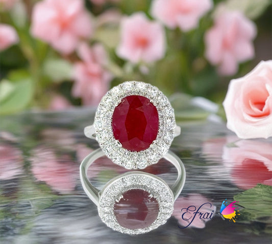 Natural bright red ruby and diamonds ring