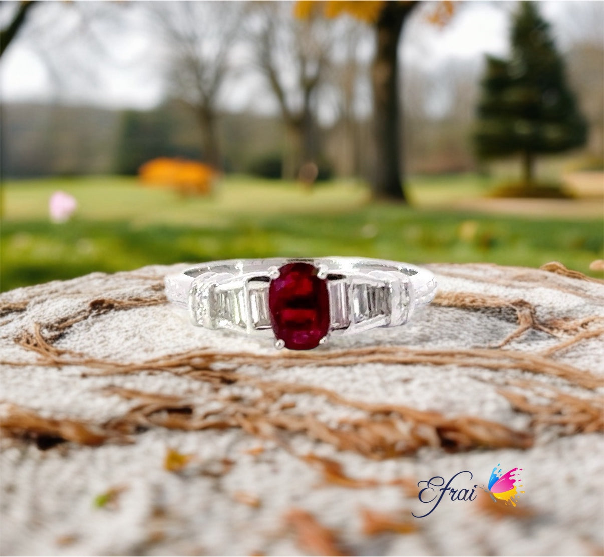 Vintage platinum red ruby diamonds ring