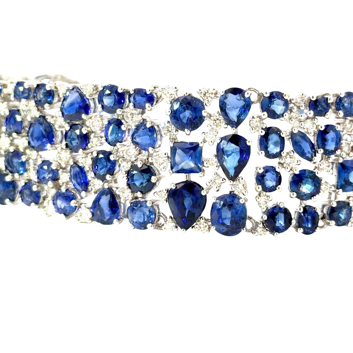 Natural Multi-Shape Vivid Blue Sapphire and Diamond Wide  Bracelet