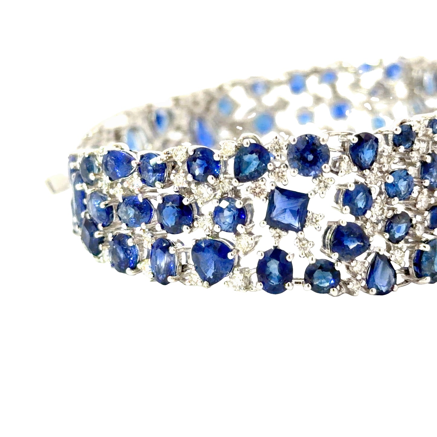 Natural Multi-Shape Vivid Blue Sapphire and Diamond Wide  Bracelet