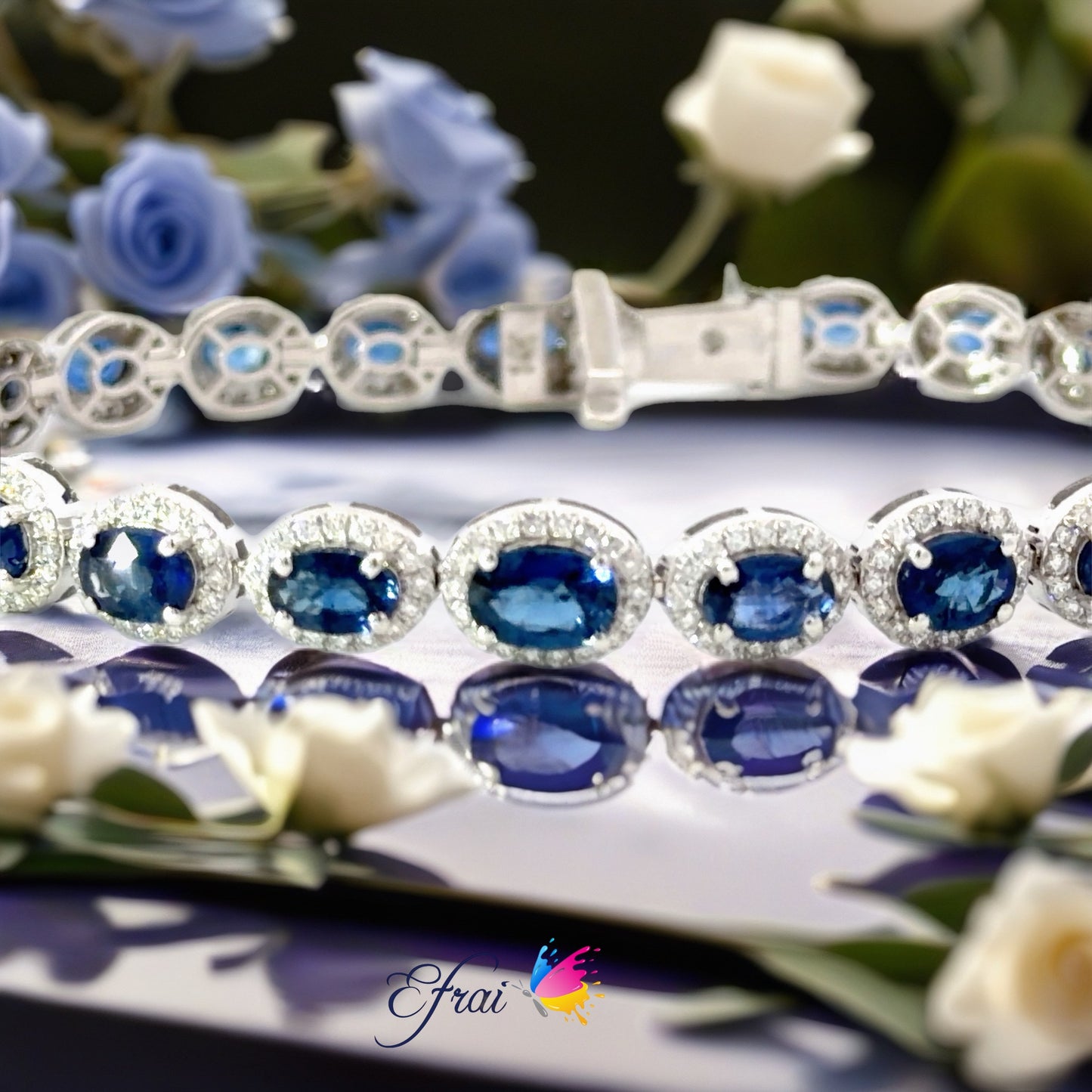 White Gold with natural Royal Blue Sapphire Halo Tennis Bracelet