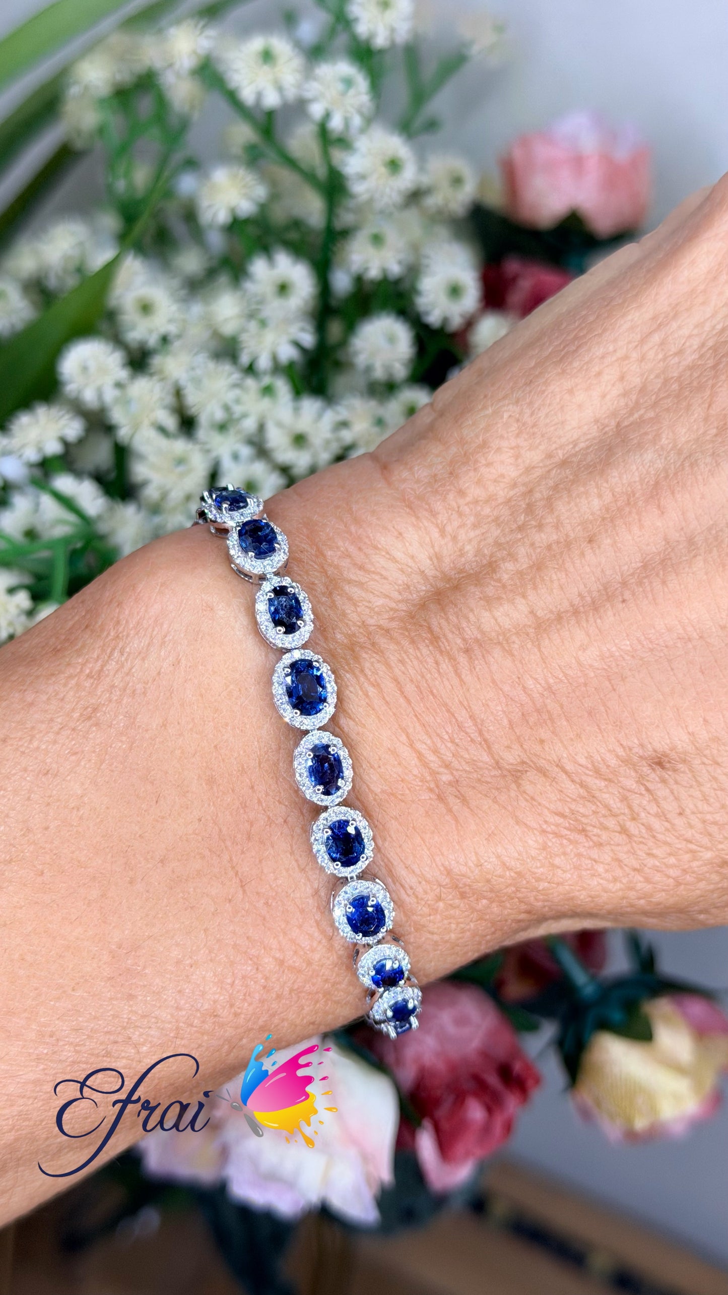 White Gold with natural Royal Blue Sapphire Halo Tennis Bracelet