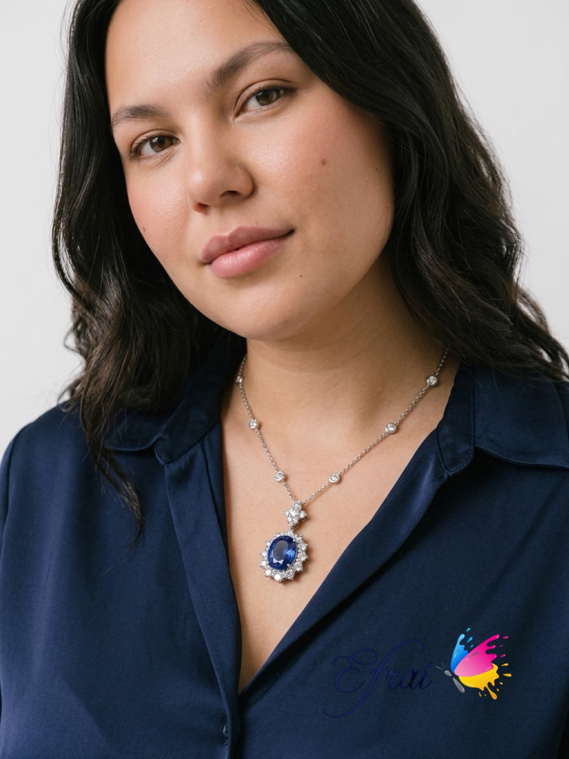 Natural Oval Royal Blue Sapphire Diamond Halo Necklace — White Gold
