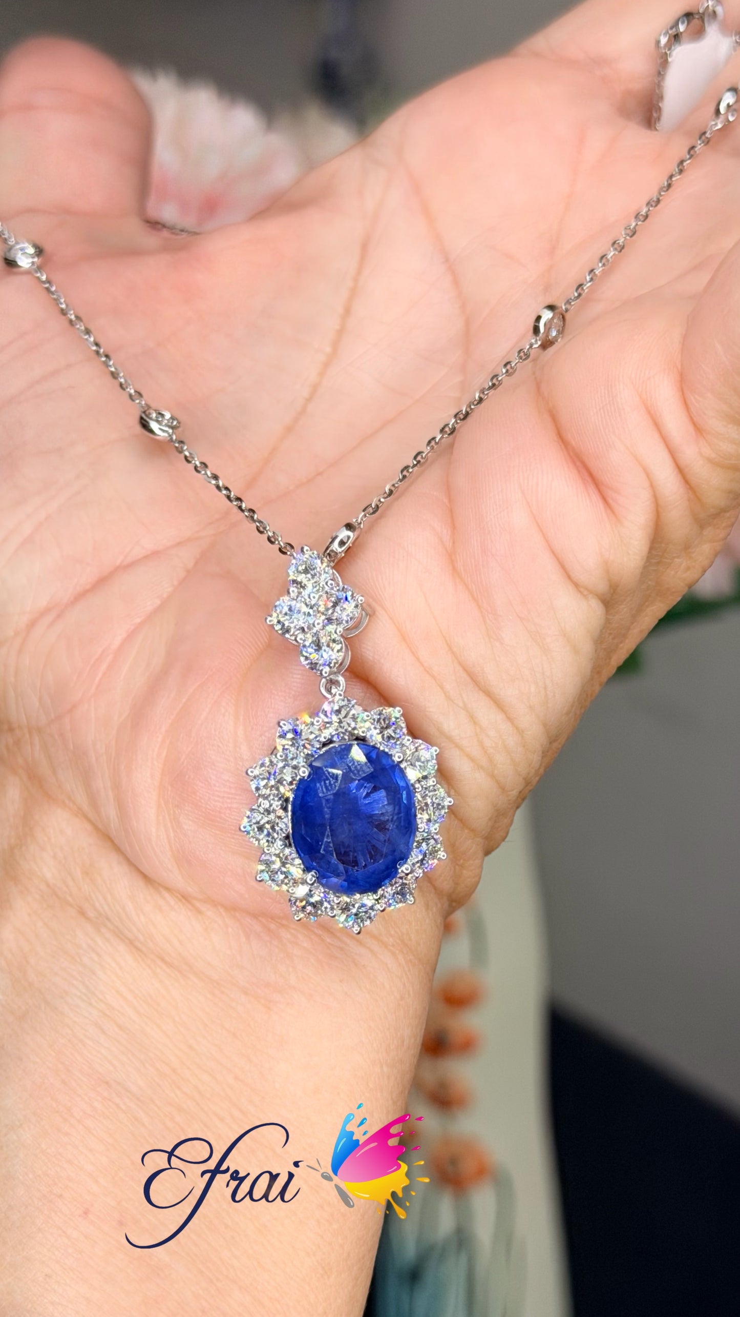 Natural Oval Royal Blue Sapphire Diamond Halo Necklace — White Gold