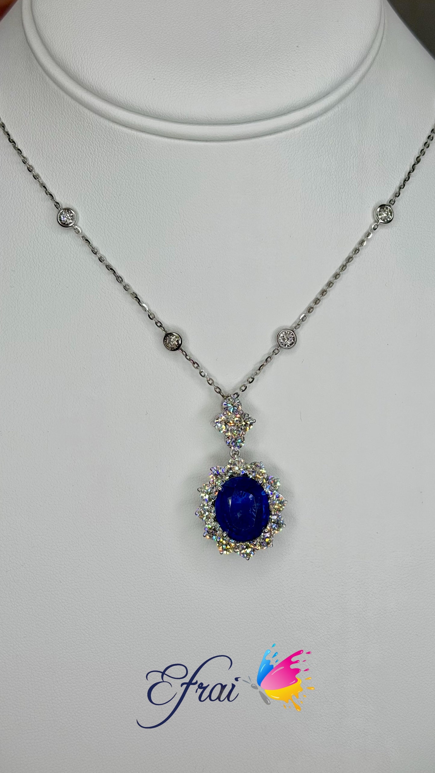 Natural Oval Royal Blue Sapphire Diamond Halo Necklace — White Gold
