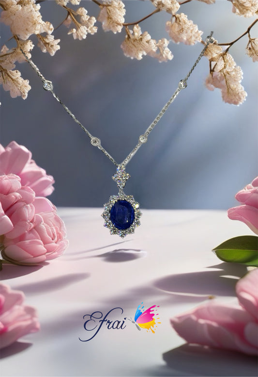 Natural Oval Royal Blue Sapphire Diamond Halo Necklace — White Gold