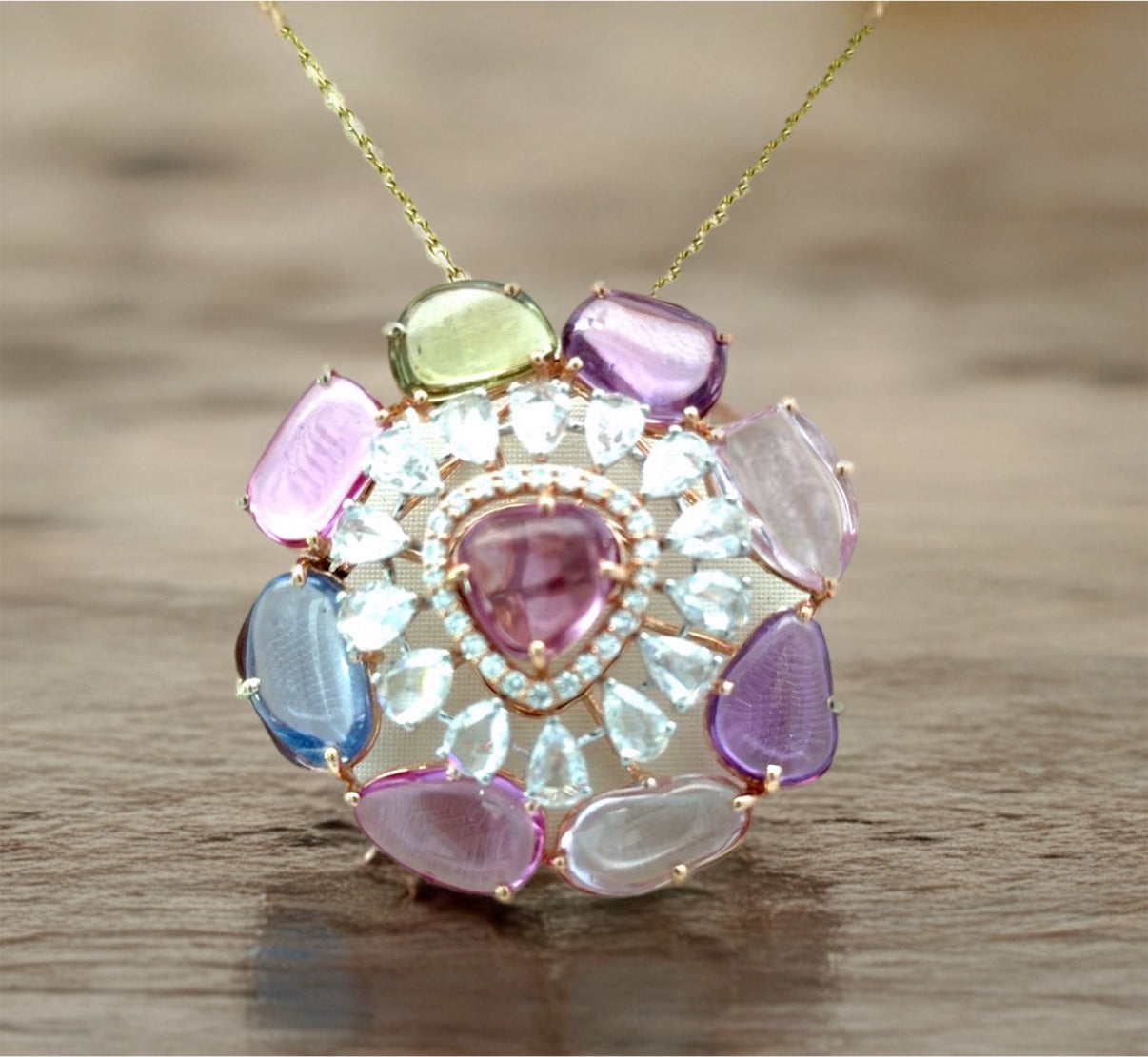 Certified No heat Mixed colored Natural Sapphires Statement Pendant/Pin Necklace
