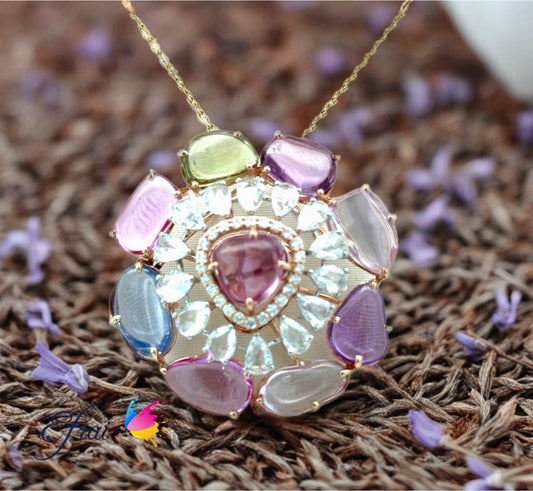 Certified No heat Mixed colored Natural Sapphires Statement Pendant/Pin Necklace