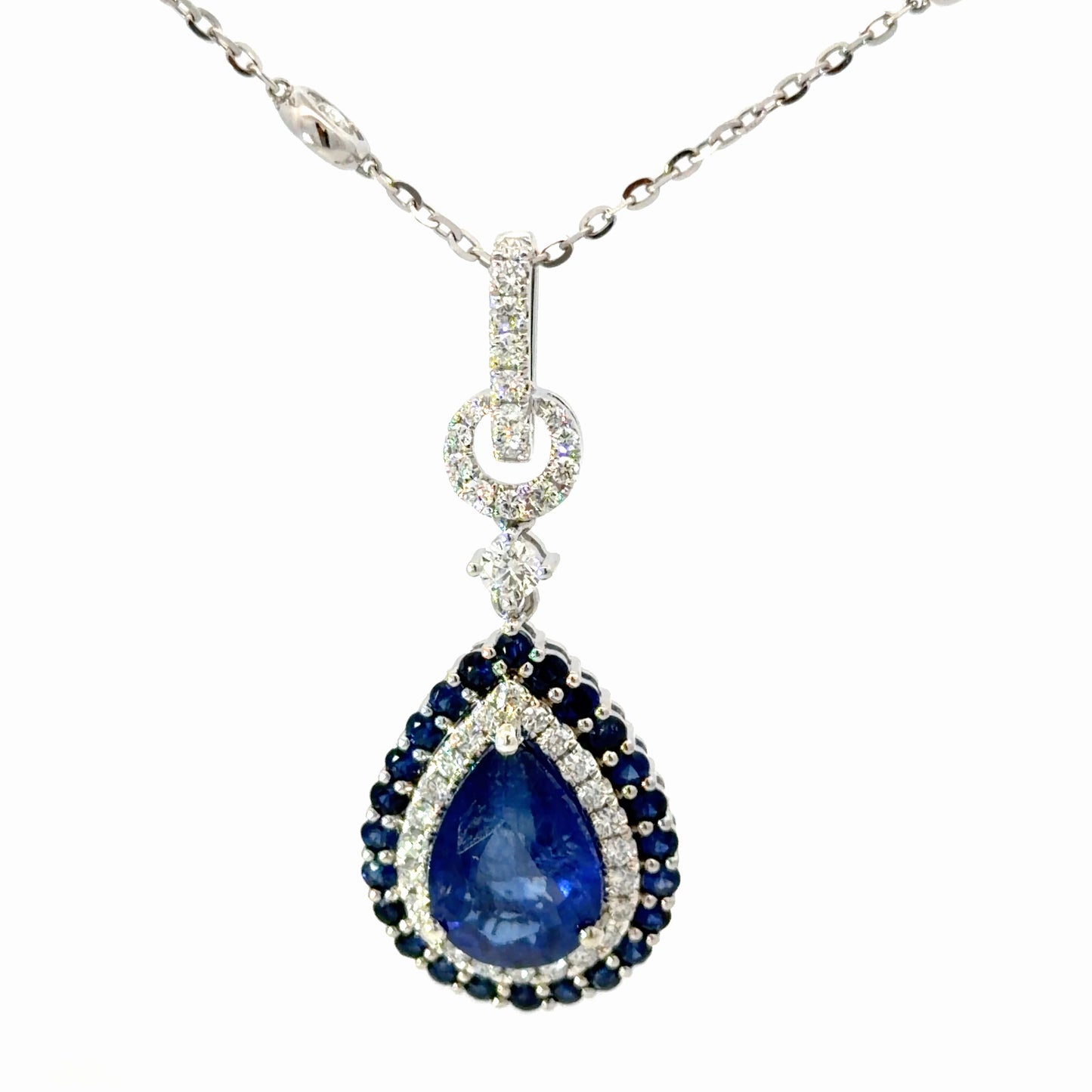 Natural Royal Blue Sapphire Pear Halo Pendant Necklace — White Gold