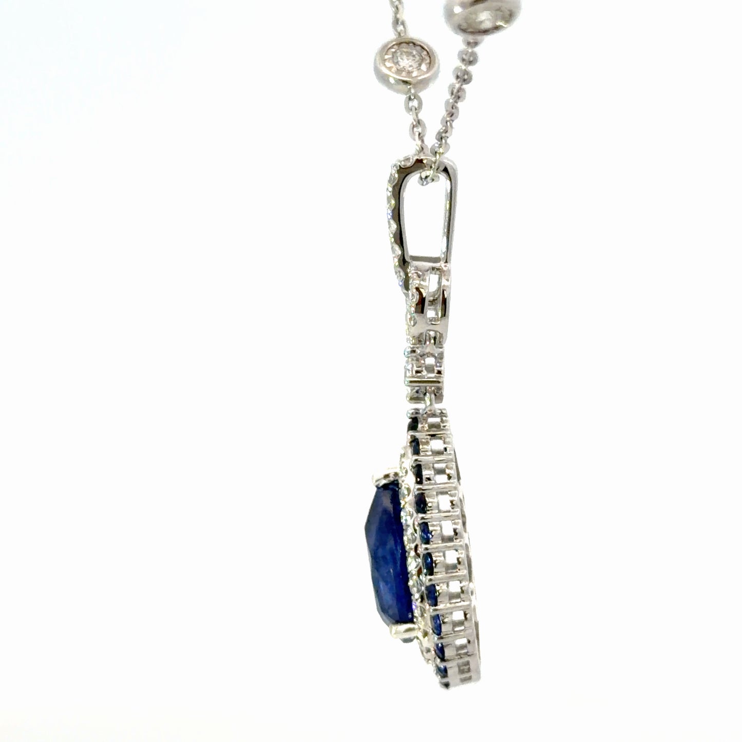 Natural Royal Blue Sapphire Pear Halo Pendant Necklace — White Gold
