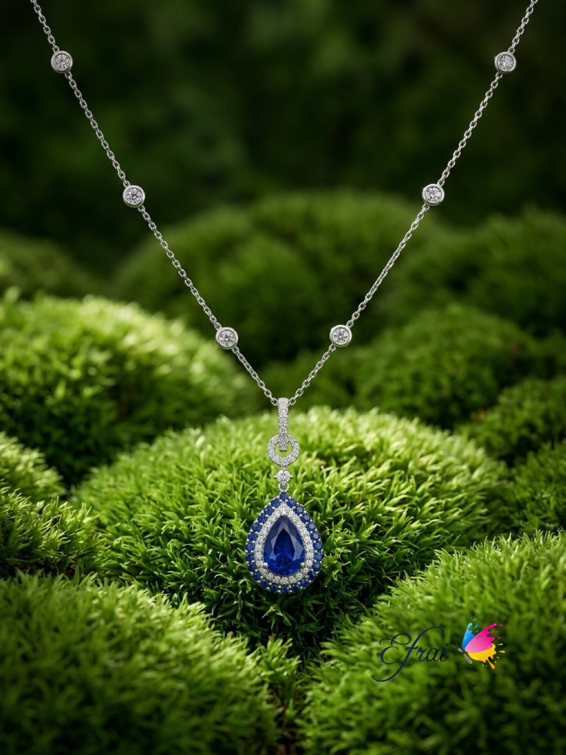 Natural Royal Blue Sapphire Pear Halo Pendant Necklace — White Gold