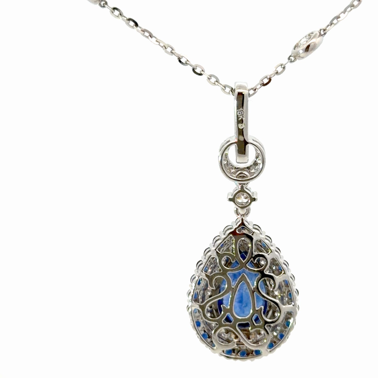 Natural Royal Blue Sapphire Pear Halo Pendant Necklace — White Gold