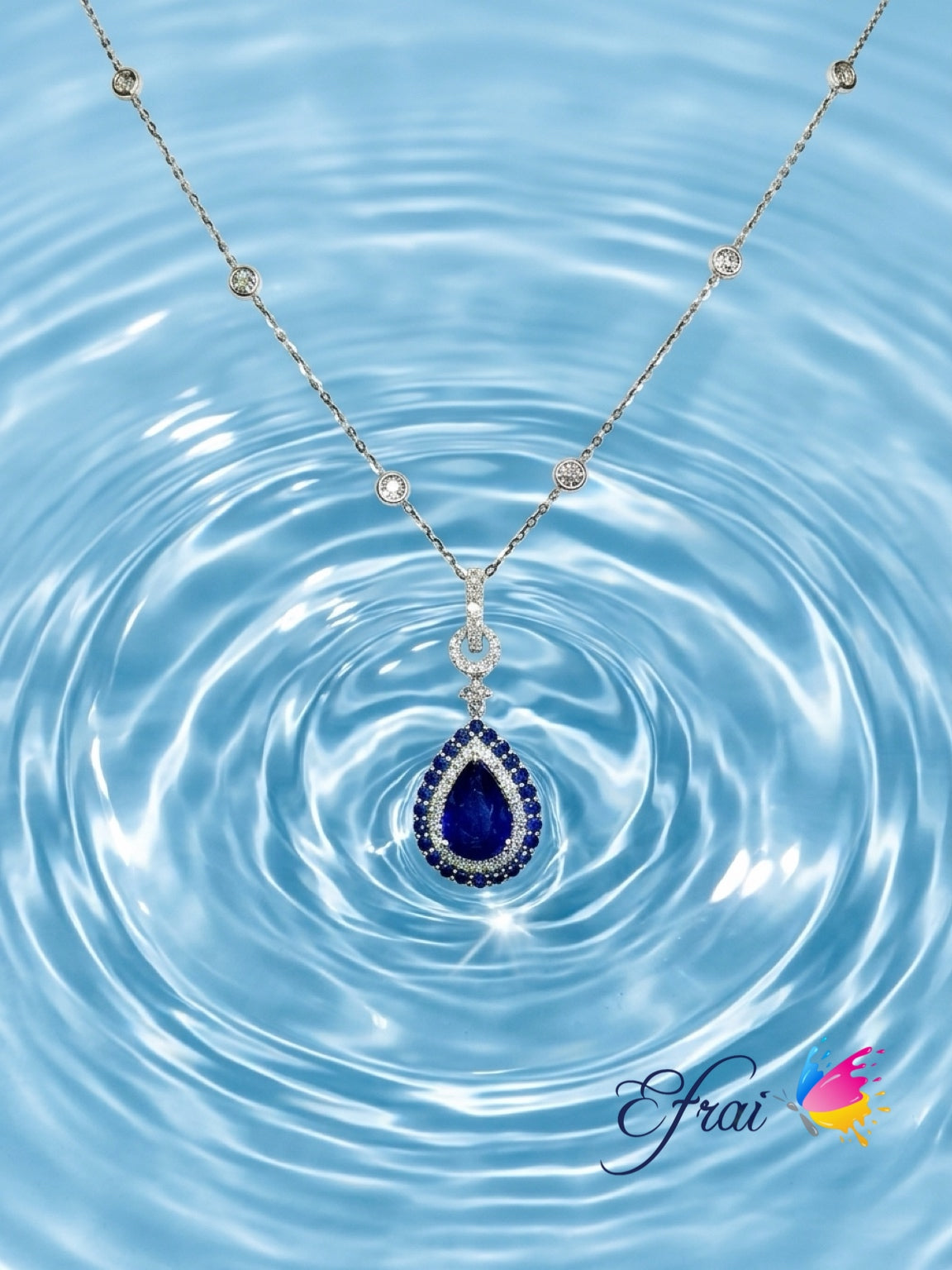 Natural Royal Blue Sapphire Pear Halo Pendant Necklace — White Gold