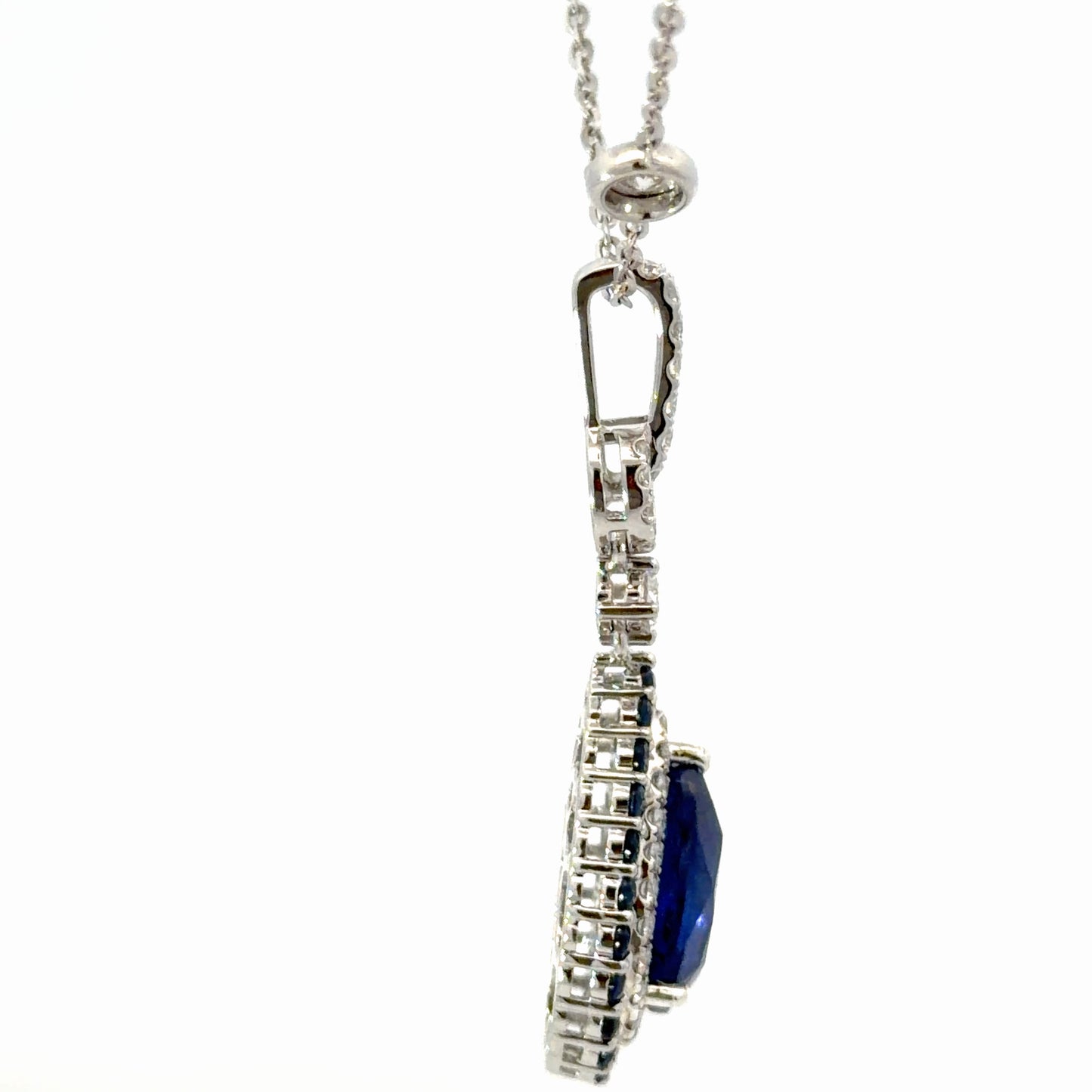 Natural Royal Blue Sapphire Pear Halo Pendant Necklace — White Gold