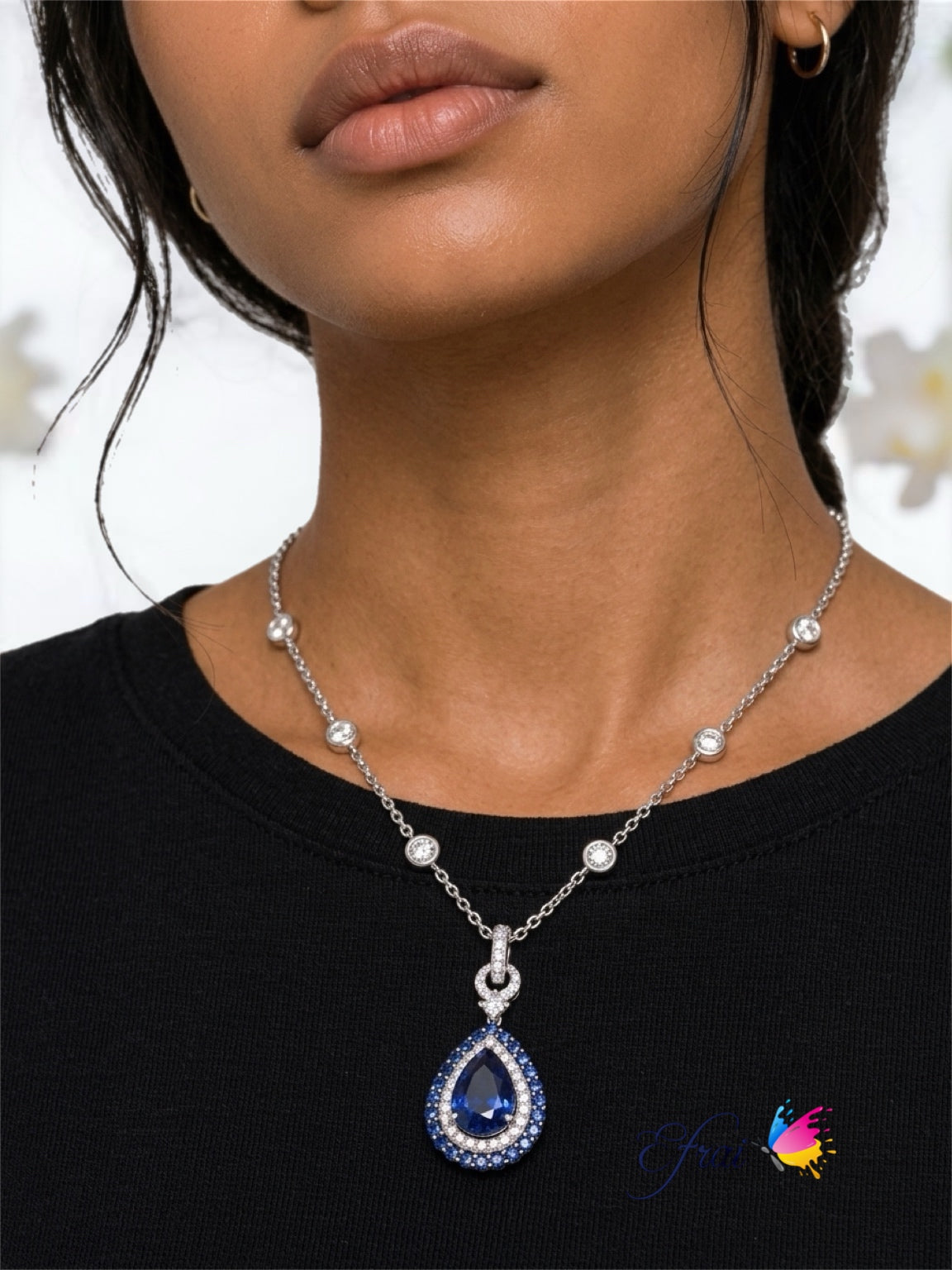 Natural Royal Blue Sapphire Pear Halo Pendant Necklace — White Gold