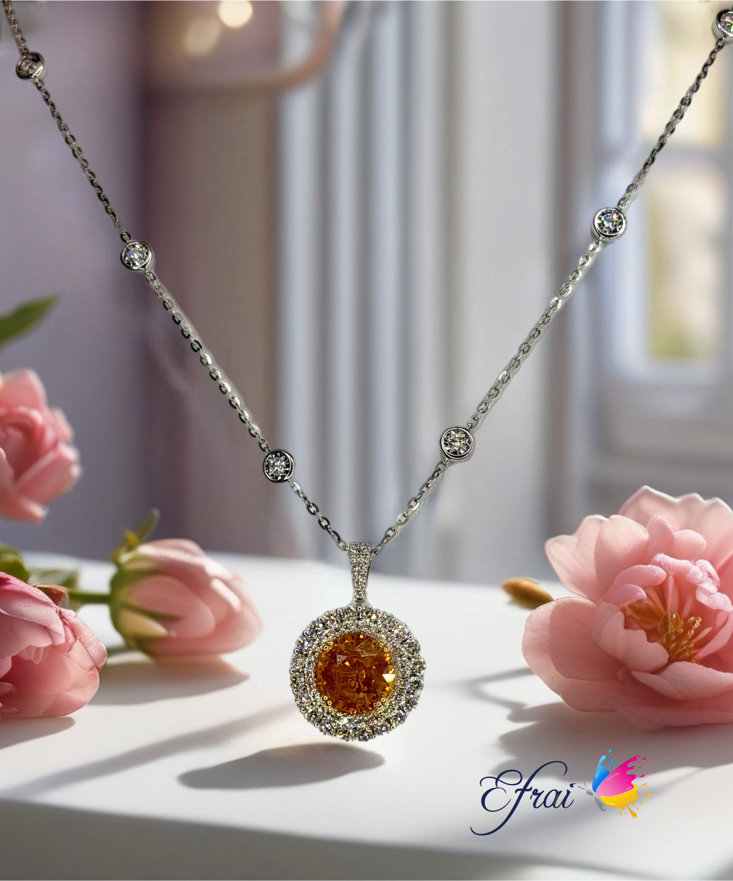 Natural Yellow Orange round sapphire Double Halo Necklace in White Gold