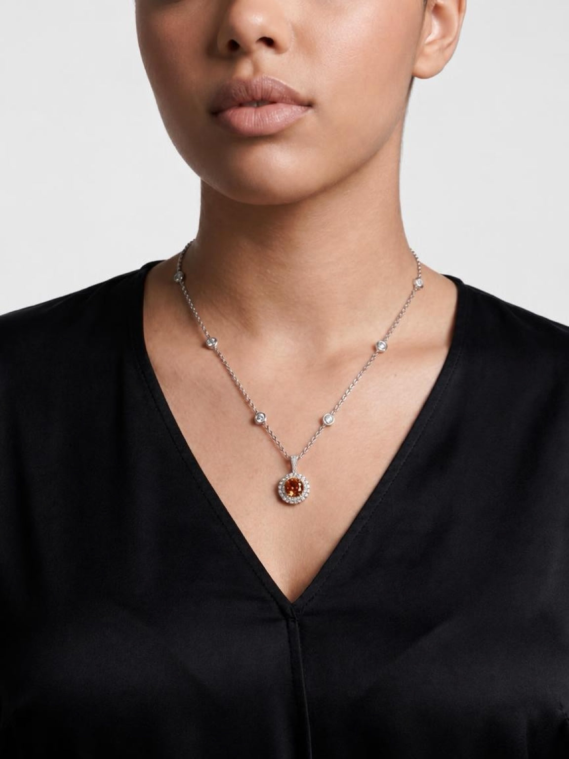 Natural Yellow Orange round sapphire Double Halo Necklace in White Gold