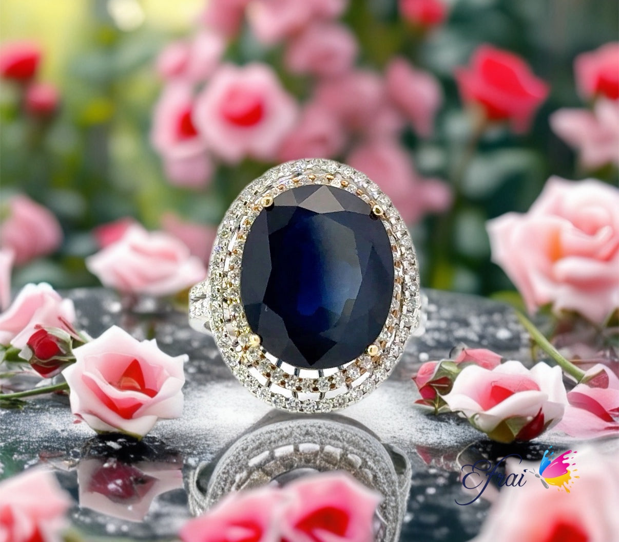 Exotic natural deep blue sapphire and diamonds ring