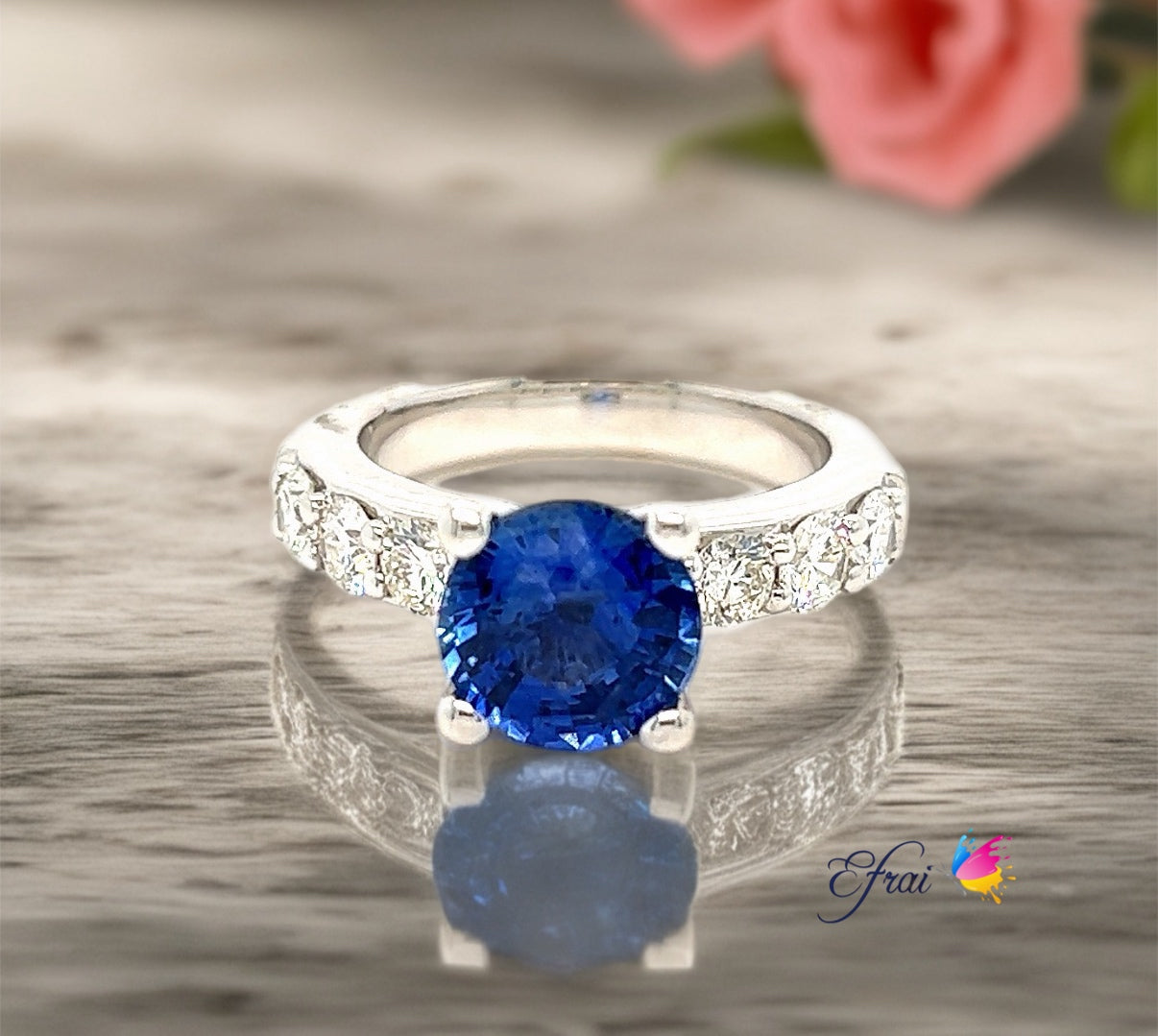 GIA Classy natural round blue sapphires and diamonds ring