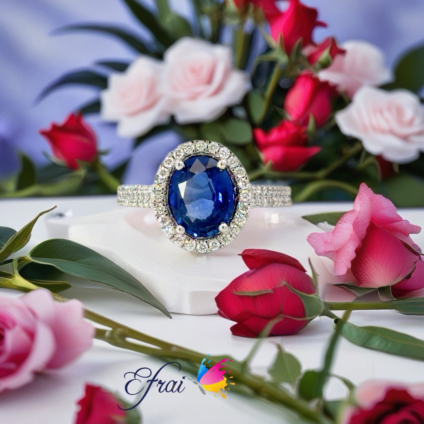Natural Royal Blue Sapphire Halo Cocktail Ring in White Gold