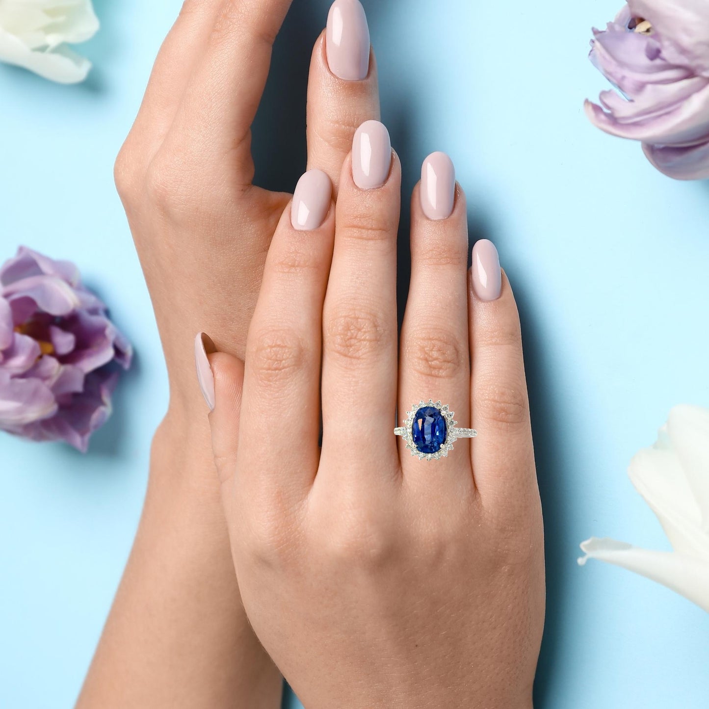 Natural Royal Blue Sapphire Oval Halo Cocktail Ring in White Gold