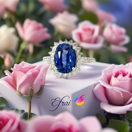 Natural Royal Blue Sapphire Oval Halo Cocktail Ring in White Gold