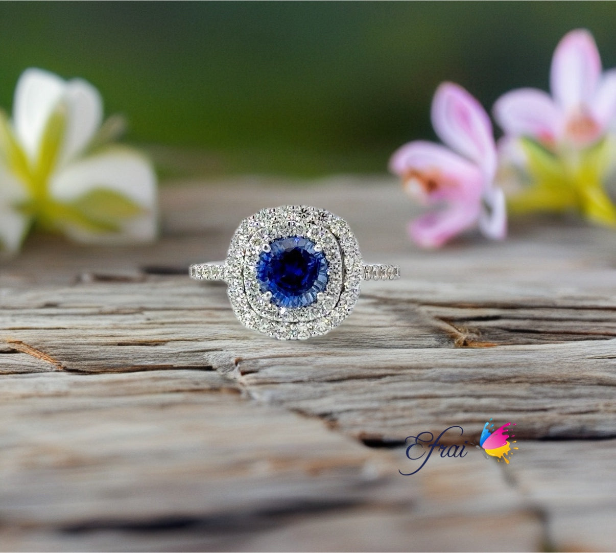 Natural vivid blue sapphire and diamonds ring