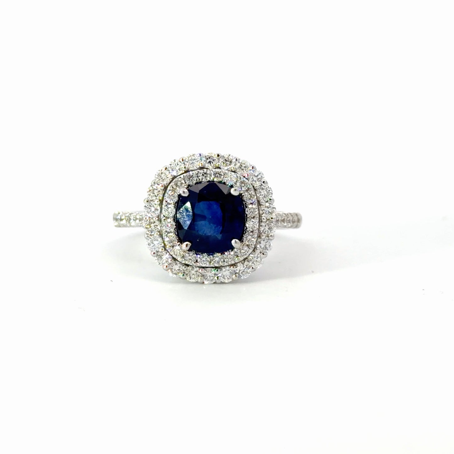 18K White Gold Double Halo Royal Blue Sapphire Cocktail Ring