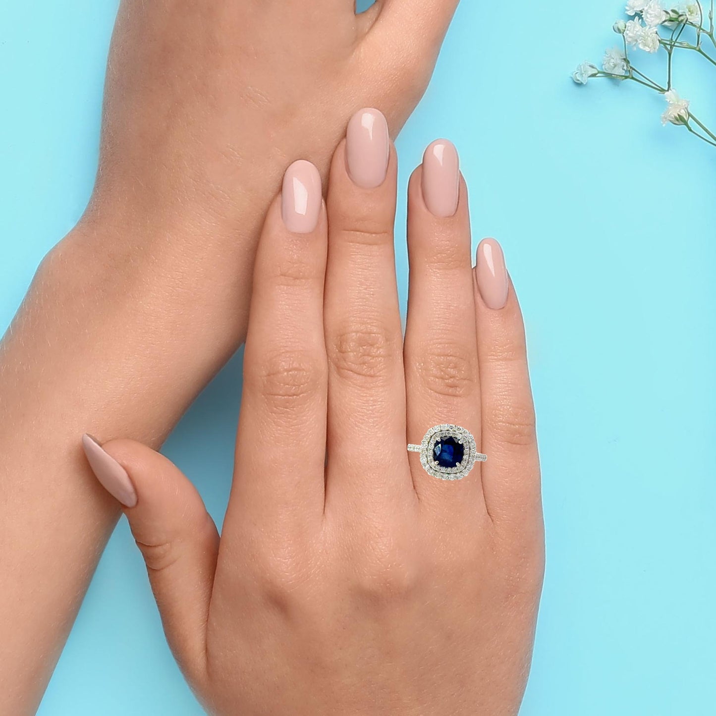 18K White Gold Double Halo Royal Blue Sapphire Cocktail Ring