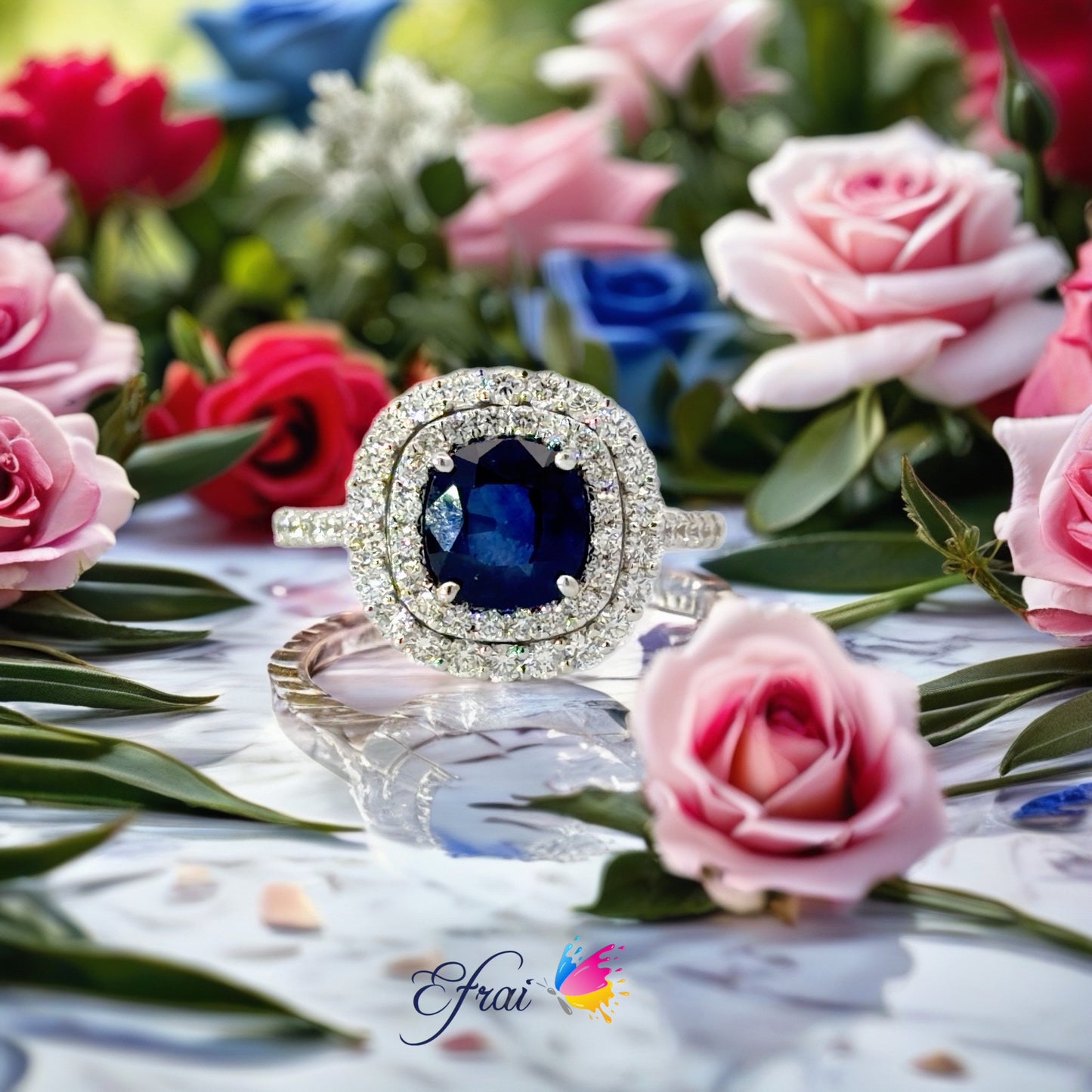 18K White Gold Double Halo Royal Blue Sapphire Cocktail Ring