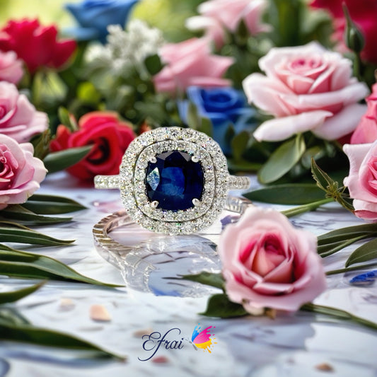 18K White Gold Double Halo Royal Blue Sapphire Cocktail Ring