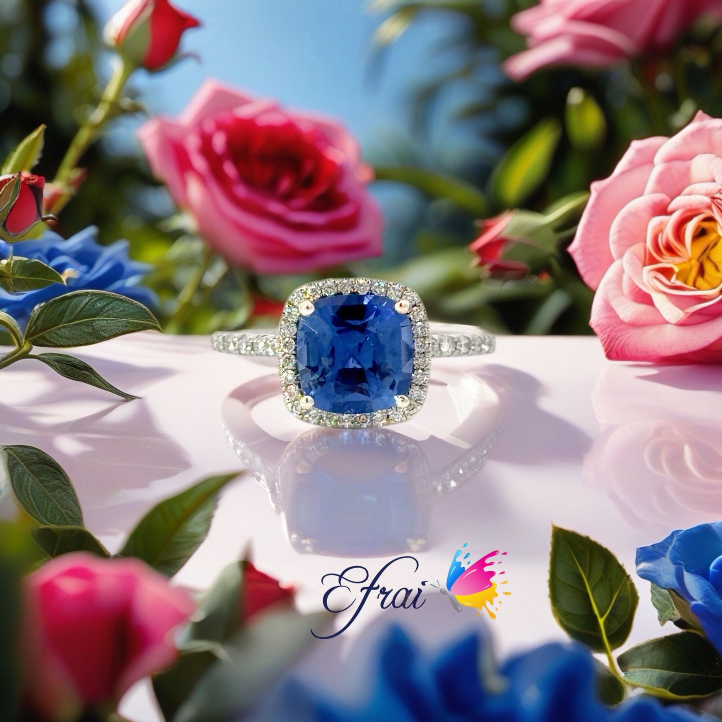 Natural Royal Blue Sapphire Halo Ring in White Gold